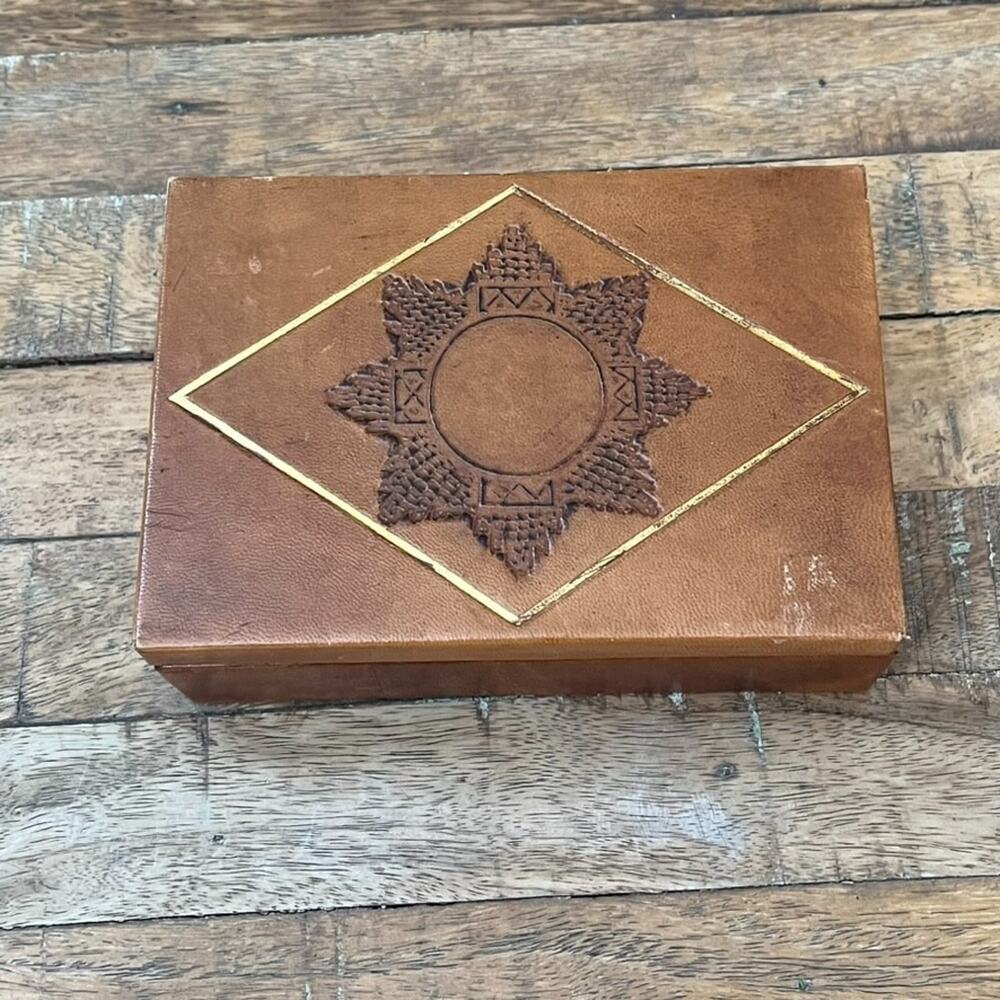 Vintage Floral Tooled Leather Covered Jewelry Trinket Box Handmade